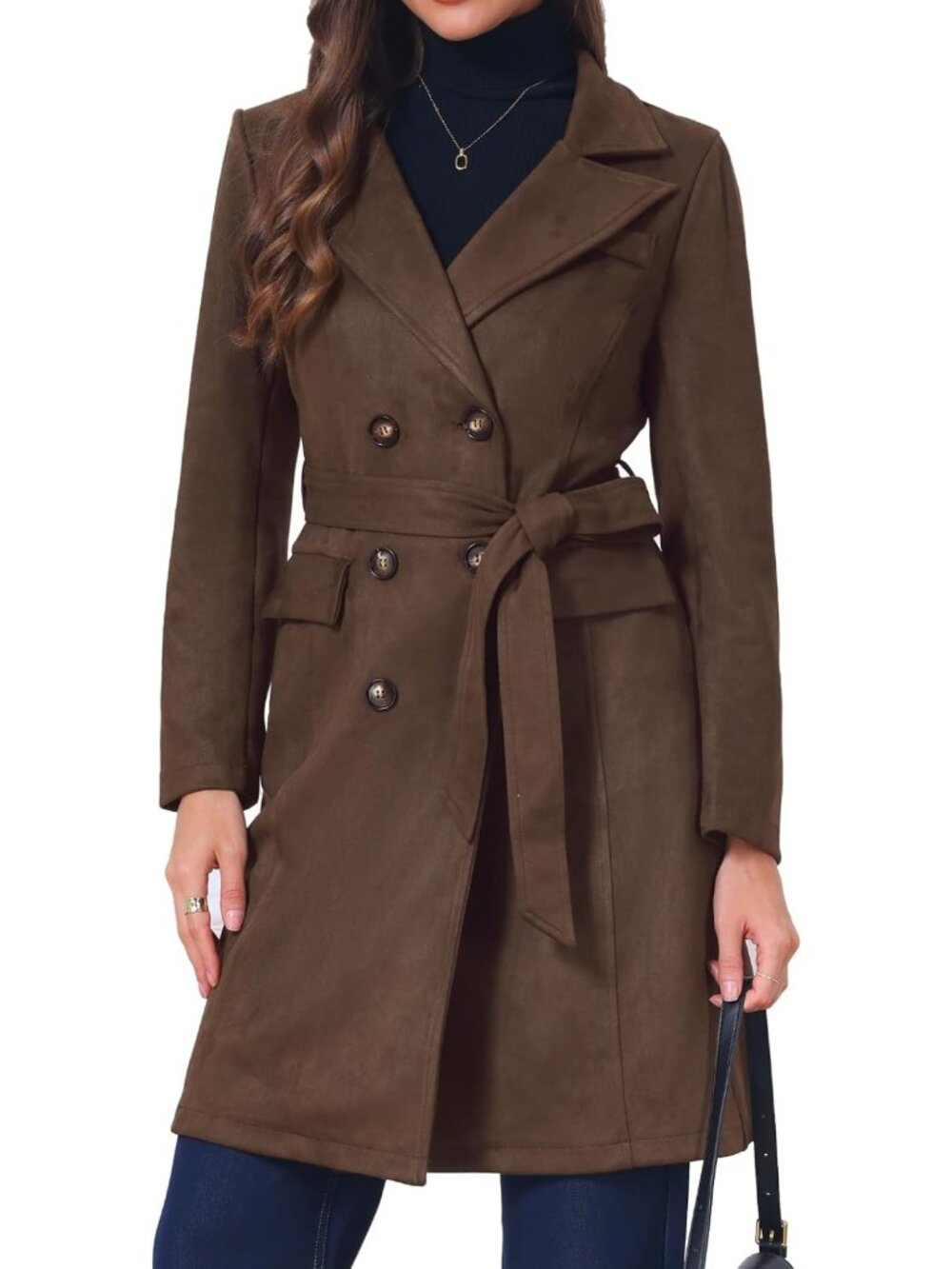 Chic Faux Suede Trench Coat with Notched Lapel | Stylish Mid-Long Overcoat for